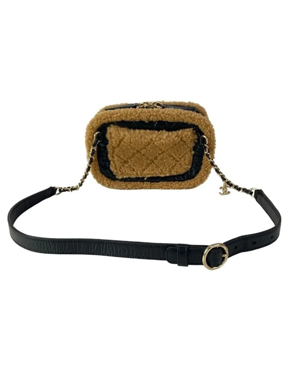 Chanel Waist Pouch CC Mania Black Light Brown Gold CC Logo Shearling